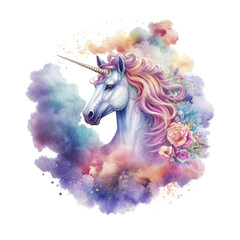 Fototapeta premium Unicorn Fantasy Illustration of a Magnificent and Beautiful Magical Unicorn Clipart Ai Generiert