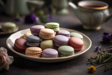 Obraz na płótnie Canvas Plate of delicate French macarons in variety pastel colors. AI generated.