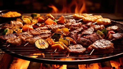 Barbecue with delicious grilled meat and vegetables on grill, closeup, commercial shot. generative AI