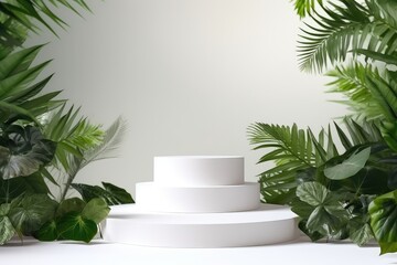 White step podium on white background for cosmetics presentation with tropical plants, podium, stone display. Cosmetic, beauty product promotion mockup. Generative AI