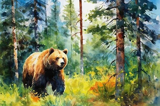watercolor featuring a powerful and majestic bear against a backdrop of nature. bold and vibrant colors to bring out the strength and beauty of the bear  