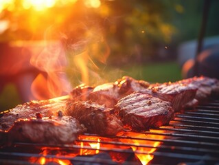 Grilled beef steaks on barbecue grill with flames. BBQ party in the garden. Selective focus. generative AI - obrazy, fototapety, plakaty