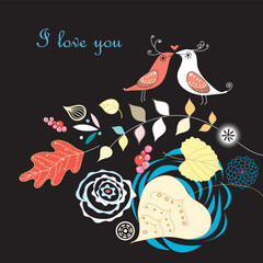 Greeting card with autumn leaves and birds in love on a black background