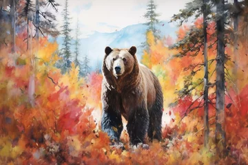 Foto op Aluminium watercolor featuring a powerful and majestic bear against a backdrop of nature. bold and vibrant colors to bring out the strength and beauty of the bear © PinkiePie