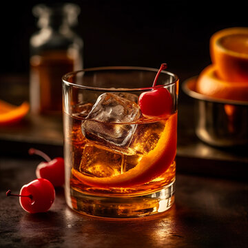 Classic Old Fashioned cocktail made with bourbon, sugar, bitters and twist of citrus zest. AI generated