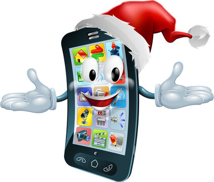 Illustration of a happy Christmas cell phone wearing a Santa Claus hat