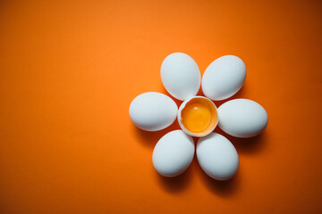 Flower shaped raw egg on orange background. Few white eggs, whole and broken egg half with a yolk isolated on a white background