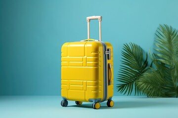 Packed yellow suitcase with palm leaves on blue background. Summer travel concept. Generative AI