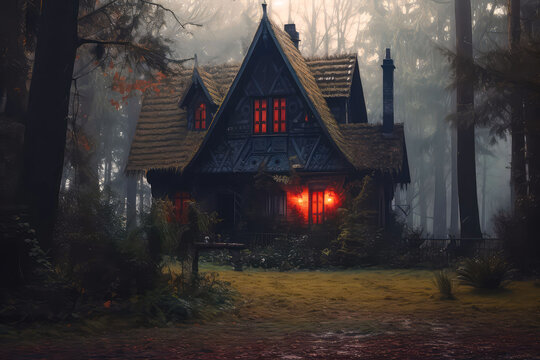 Beautiful and atmospheric illustration with  spooky witch house. Night forest, horror mood. Empty space for character. Cinematic, volumetric light, realistic environment made with Generative AI