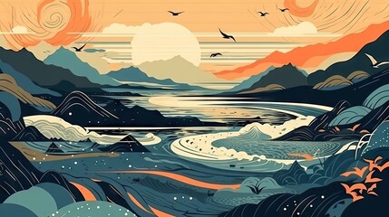 A Illustration Background of a Sea Shore Area in the style of japanese abstraction - Japanese Art Wallpaper of a Sea Shore - Japanese Illustration Backdrop created with Generative AI Technology