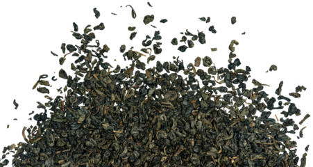 Macro photography of many dried leaves of green gunpowder tea, isolated on white or transparent background, png.