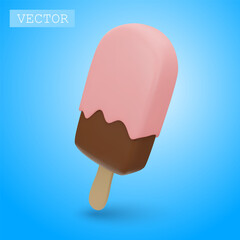 3D render of chocolate popsicle with pink icing and sprinkling. Fast food, sweet, summer dessert. Bright Illustration in cartoon, plastic, clay 3D style. Isolated on a white background.