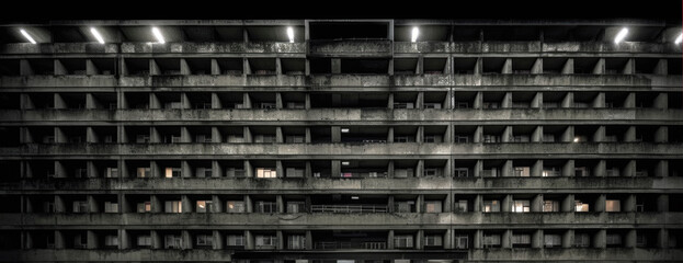 A dark, cold, concrete apartment or housing complex, with an oppressive and un-free restrained feel.  hand edited generative AI.