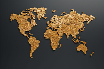 world map made of coins, world economy concept, gold Coins world map on Black background. Generative Ai