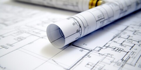 Architect rolls and architectural plan, technical project drawing background