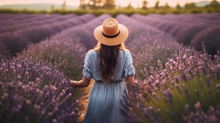 Happy woman with hat walking through in lavender flowers field