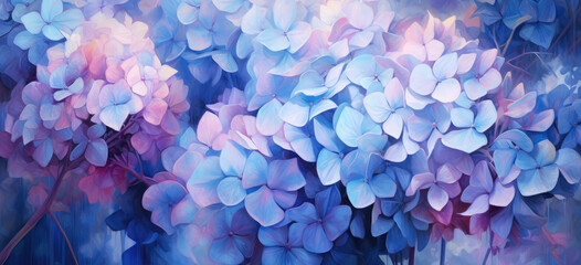 Impressionist style hydrangea flowers painting style. Light blue and light purple Hydrangea flowers in full bloom, in the garden. Hand edited generative AI. - obrazy, fototapety, plakaty