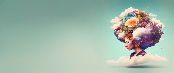 Woman with colorful cloudof flowers, mind of freedom, positive optimistic attitude, hope and emotion concept, mental health, generative AI
 - obrazy, fototapety, plakaty