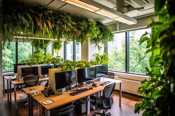 Futuristic office space with a lot of green plants