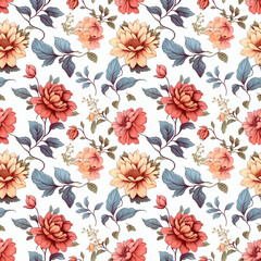Seamless vintage pattern with flowers on white background. Generative AI.