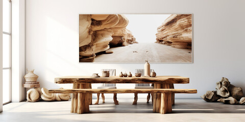 Dining table and rustic wooden bench. Interior design of modern dining room with large art poster frame. Created with generative AI - obrazy, fototapety, plakaty