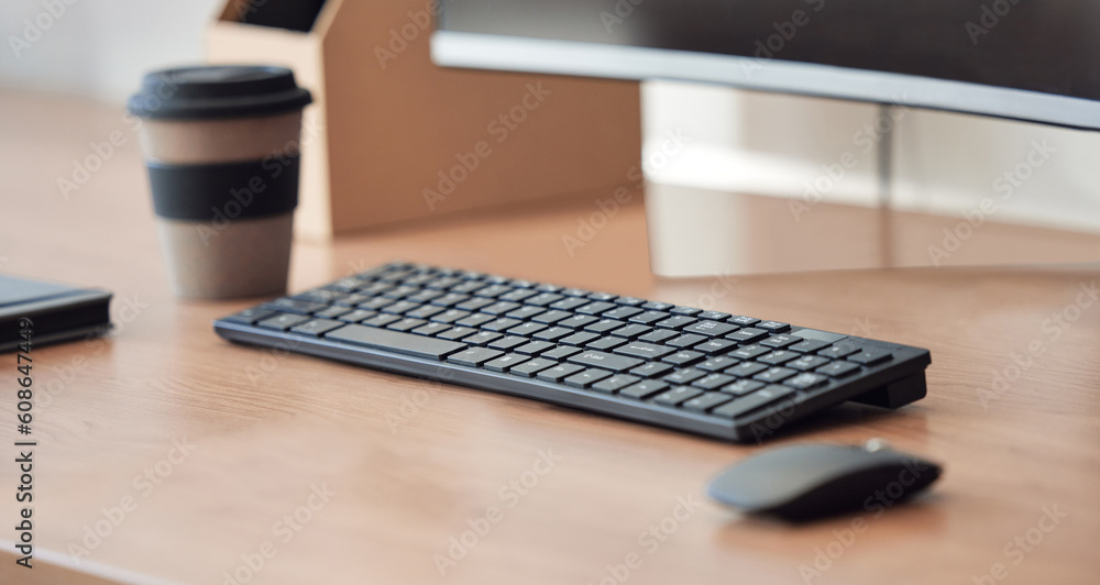 Poster space, office and desk with keyboard in a closeup for working with technology for a career. empty, t