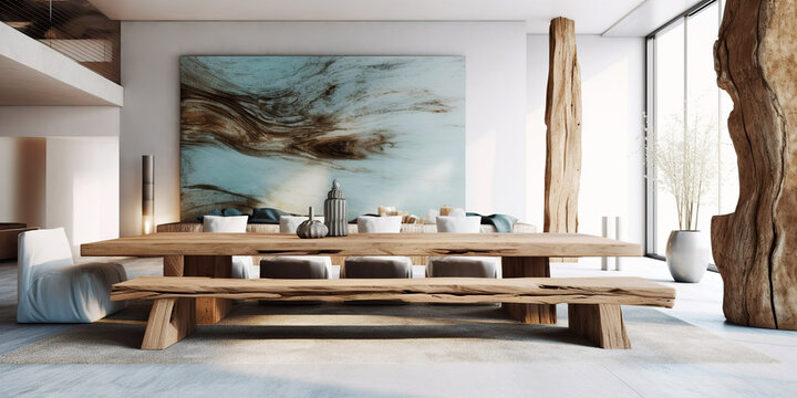 Live edge dining table and rustic wooden bench. Interior design of modern dining room with large art poster frame. Created with generative AI
