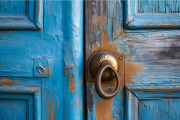 Charming vintage door handle on a vibrant blue wooden door, evoking nostalgia and warmth. An enticing addition to your design projects in need of an emotional touch. Generative AI