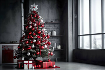 AI Generated Decorative Christmas Tree - Dark and Light Red with Red and White Ornaments