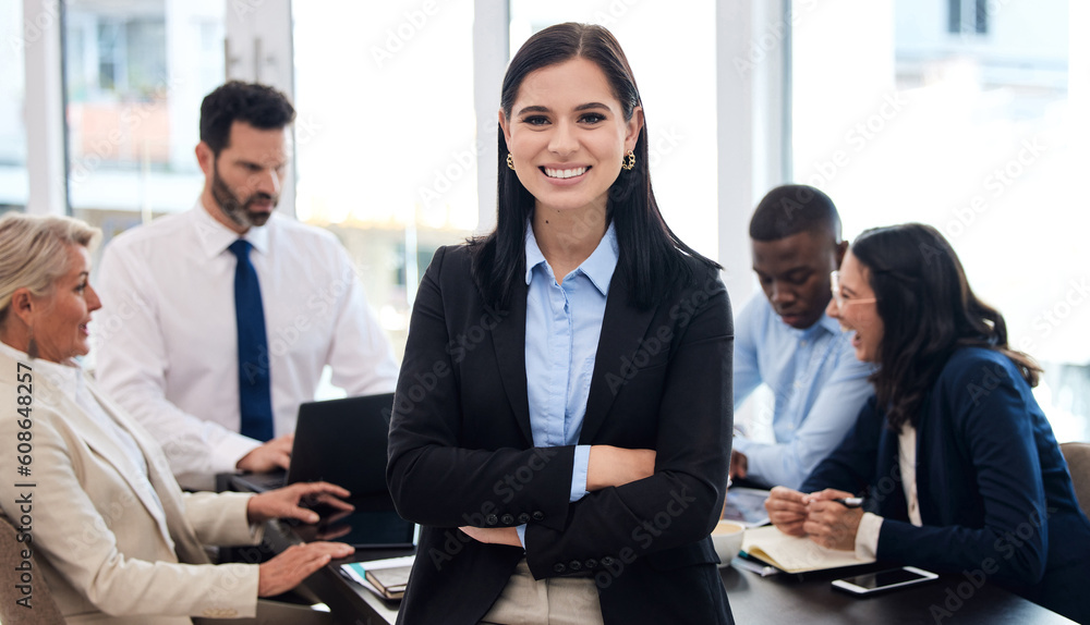 Sticker Portrait, staff and woman with arms crossed, business and leadership with confidence, career or professional. Face, female person or executive teamwork with group, professional or planning with smile