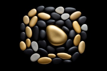 Fototapeta na wymiar Earthly Charms in Gold and Noir Background - Timeless Pebble Art Illustration Radiating in Gold and Black Aesthetics - Stone Pebble Art Wallpaper created with Generative AI Technology