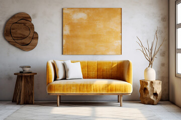 Orange snuggle chair and rustic side tables near stucco wall. Interior design of modern living room. Created with generative AI