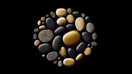 Earthly Charms in Gold and Noir Background - Timeless Pebble Art Illustration Radiating in Gold and Black Aesthetics - Stone Pebble Art Wallpaper created with Generative AI Technology