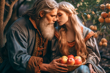 Beautiful and romantic illustration with couple who kisses. medieval costumes, fairy tale. Cinematic, volumetric light. Made with Generative AI
