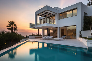 Fototapeta na wymiar Modern real estate exterior architecture of luxury home in beautiful villa, generative AI