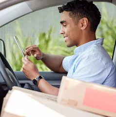 Behang Courier, driver in car with tablet, smile and boxes, checking location, order or online map for logistics. Service, happy delivery man in van with package or box, online for digital logistic schedule © peopleimages.com
