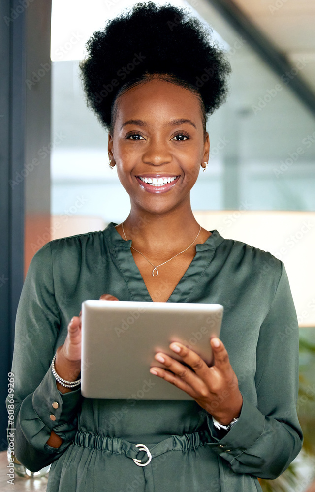 Aufkleber black woman in business, tablet and smile in portrait, web design and app development with tech. hap