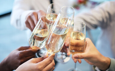 Champagne, toast and business people at an office party in celebration of success together closeup....