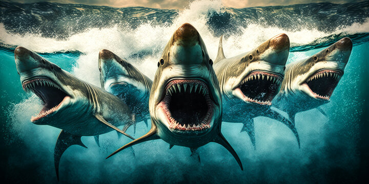 Spectacular image of ferocious sharks with open jaws attacking amidst ocean waves, evoking intense emotions and adrenaline rush; perfect for captivating audiences. Generative AI