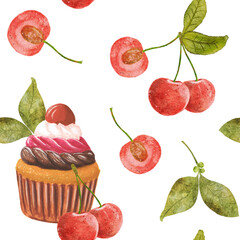 Seamless pattern with cupcake and cherries. Watercolor Cherry Berries and Chocolate Cream Cake. Dessert. The illustration is hand drawn.