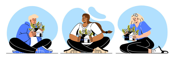 Characters with houses in hands set. Men and women sit with wreaths on heads and buildings in hands. Real estate and private property. Cartoon flat vector collection isolated on white background