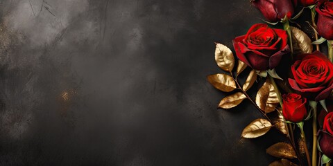 Red Roses Background in Black and Gold Style with empty copy space for text - Roses Red Black Gold Backdrop Style - A Roses Wallpaper in the Colors Red Black Gold Created with Generative AI Technology