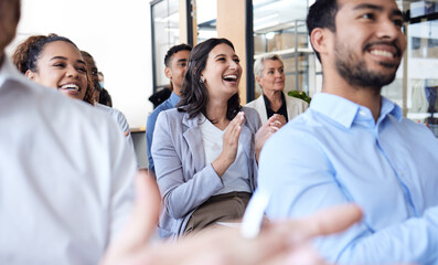 Business people, clapping and audience at a conference, seminar or corporate workshop. Professional...