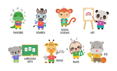 Fototapeta premium Back to school kawaii animal set. School subject icons with cute safari animals. Fun learning elementary subjects. Cartoon graphics for educational projects.