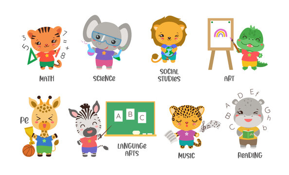 School subject icons with cute safari animals. Back to school kawaii animal set. Cartoon graphics for educational projects. Fun study elementary subjects. 