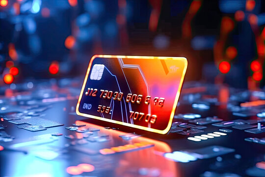 Futuristic Neon Online Shopping: Bank Card on a Vibrant Background - Generative AI