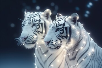 Couple white tiger covered in glowing lights, in a winter scene