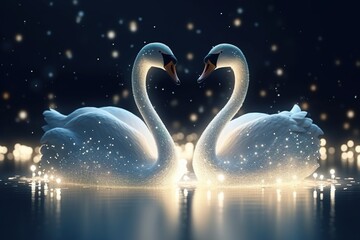 Obraz na płótnie Canvas couple Swan covered in glowing lights, in a wedding scene