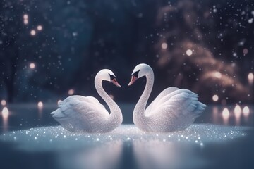 couple Swan covered in glowing lights, in a wedding scene