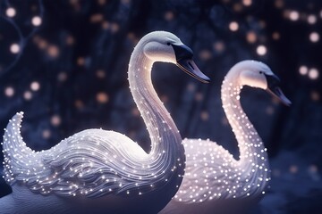 couple Swan covered in glowing lights, in a wedding scene
